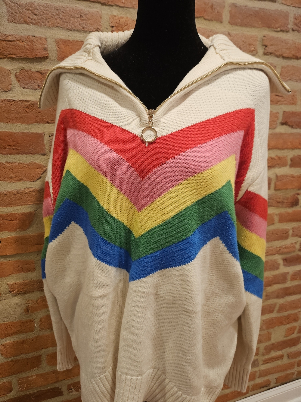 Cream Chevron Zip-Neck Sweater with Rainbow Stripes - Picture 4 of 6